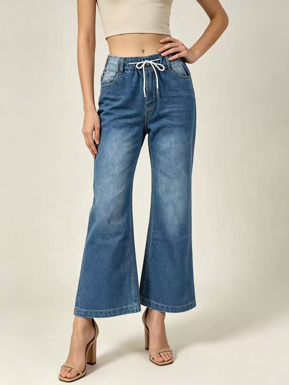 ZARA Womens Drawstring Wide Leg Slimming Straight Jeans Factory Direct Fashion